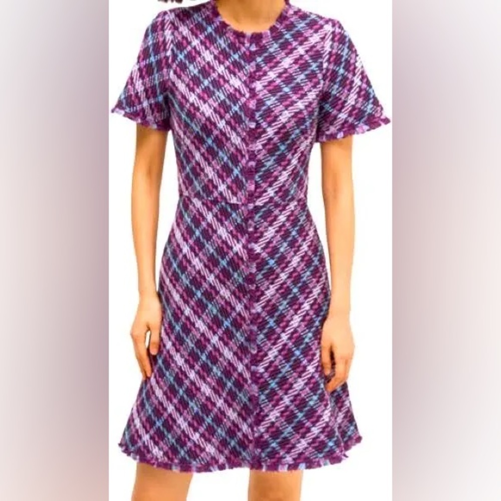 NWT Kate Spade Plaid Tweed Dress In Plum ‘Tree Purple’ Short Sleeve, Fringe, 6